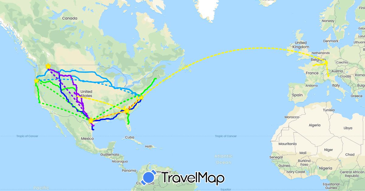 TravelMap itinerary: driving, 2016, 2017, 2018, 2019, 2020, 2021, 2022 in Germany, France, Italy, United States (Europe, North America)